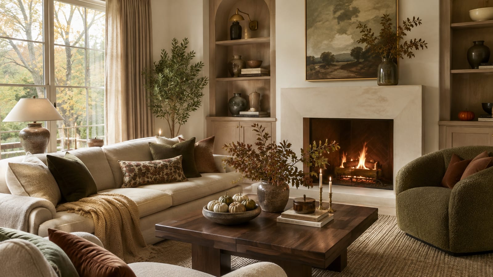 Cozy living room featuring 2027 fall home decor trends in moss green, rust and warm neutral tones