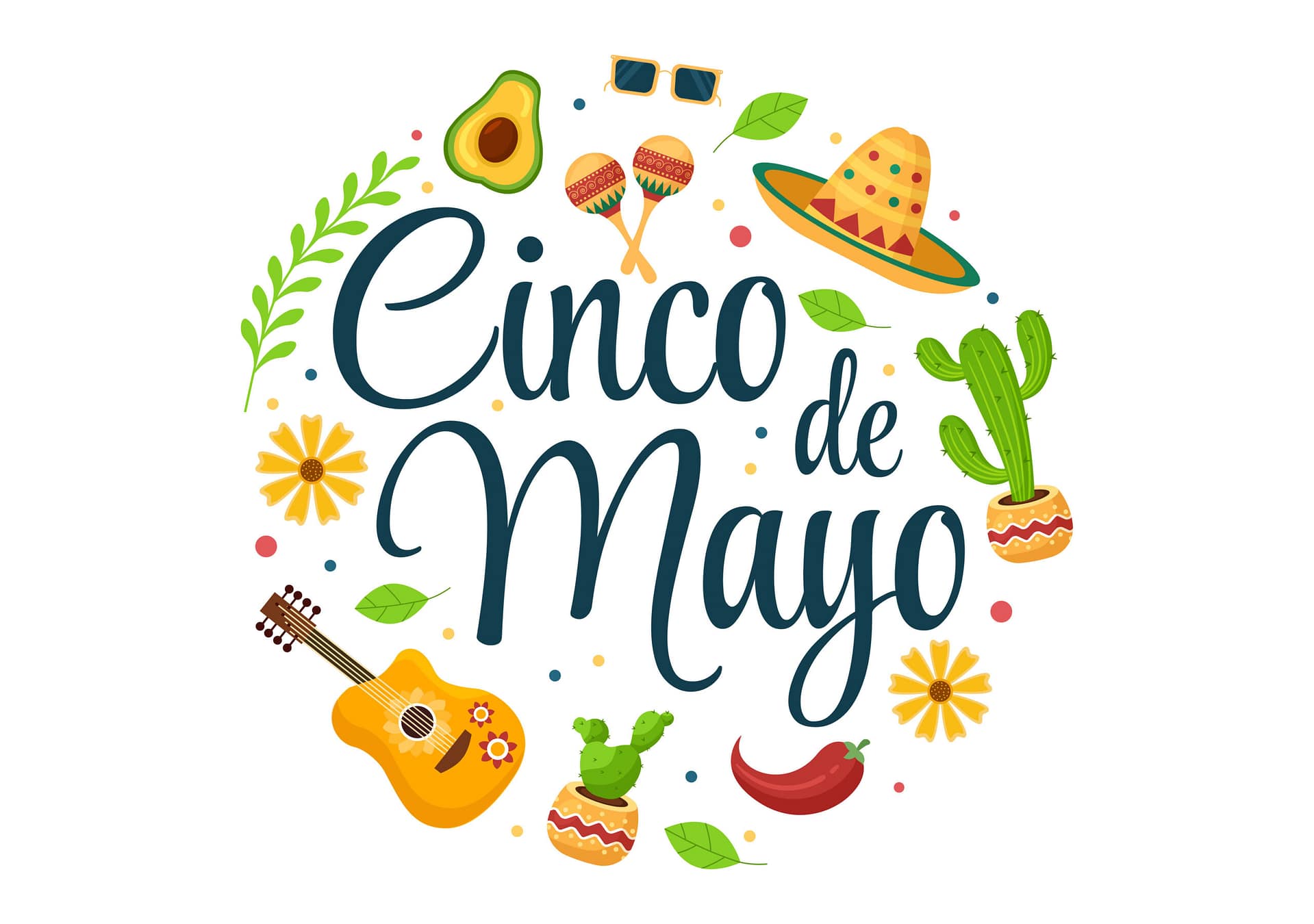 Cinco de Mayo Mexican Holiday Celebration Cartoon Style Illustration with Cactus, Guitar, Sombrero and Drinking Tequila for Poster or Greeting Card
