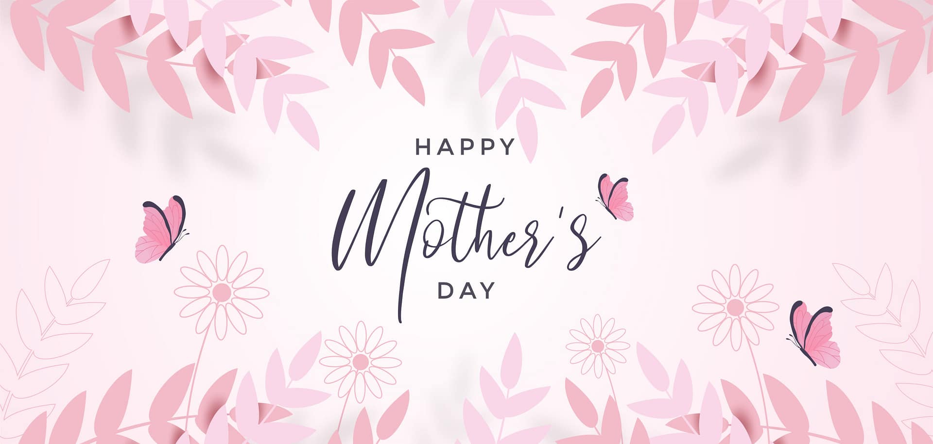 Mother's day invitation card on pink background. Leaves in paper cut style, flowers and butterfly.
